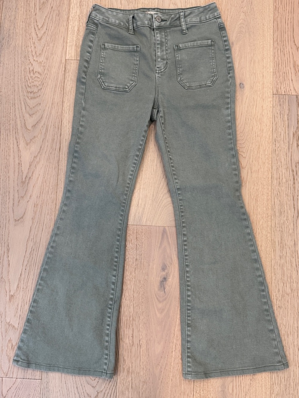 Altar'd State High-Rise Flare Jeans Front Patch Pockets Size 26 Soft Olive NWOT